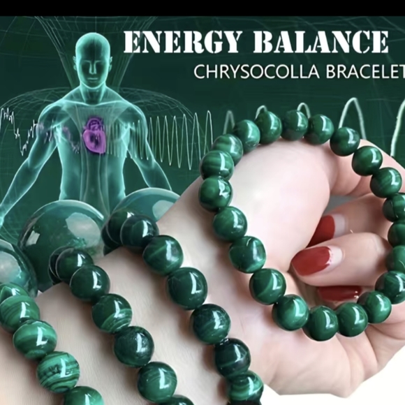 💚Energy Balance UNISEX Chrysocolla Malachite Green Gemstone Bracelet NWT - Picture 2 of 5